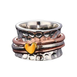 Boho Spinner Ring Tri-Color Floating Heart and Bands #1356